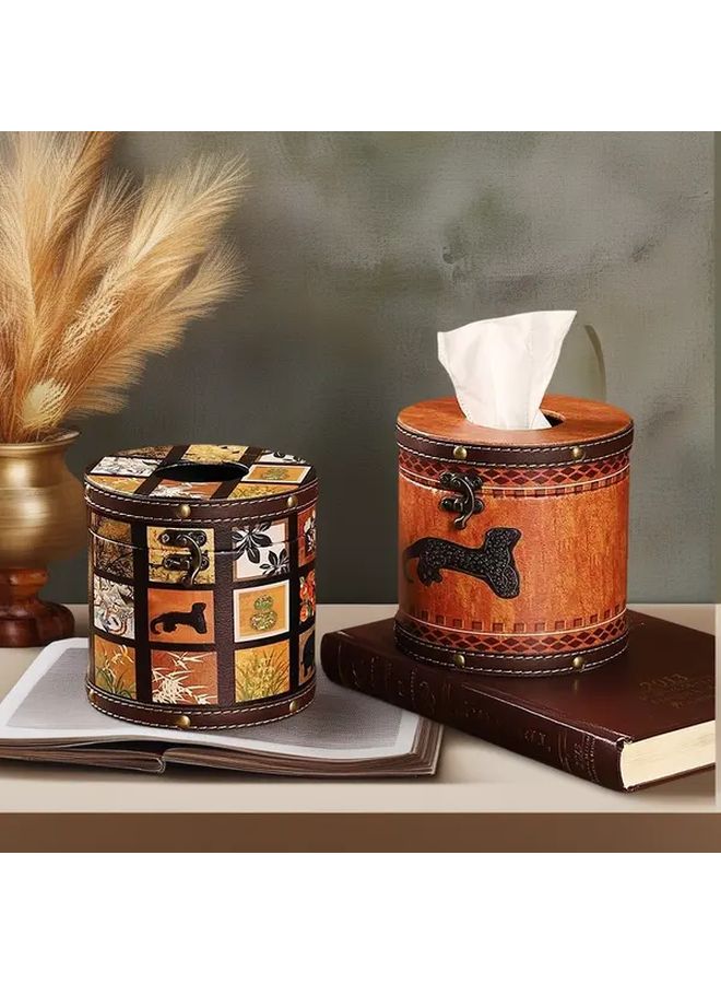 Golden Leopard Round Tissue Box Holder Rustic Wooden Dispenser For Living Room Bathroom - Image 1